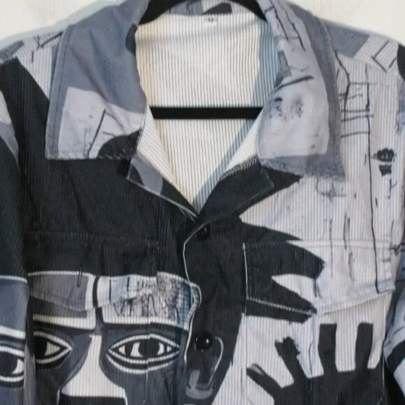 * Unbranded Blue Corduroy Button Up Shirt Medium New NWOT Ethnic Tribal Gray - Picture 2 of 5